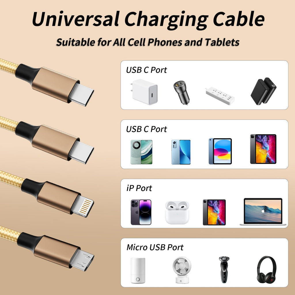 MPATIBY USB C Multi Charging Cable [2Pack 4FT], 3 in 1 Charging Cable Nylon Braided USB-C Multiple Charger Cord with Type-C, Micro USB and IP Port for Cell Phones and More (Golden)