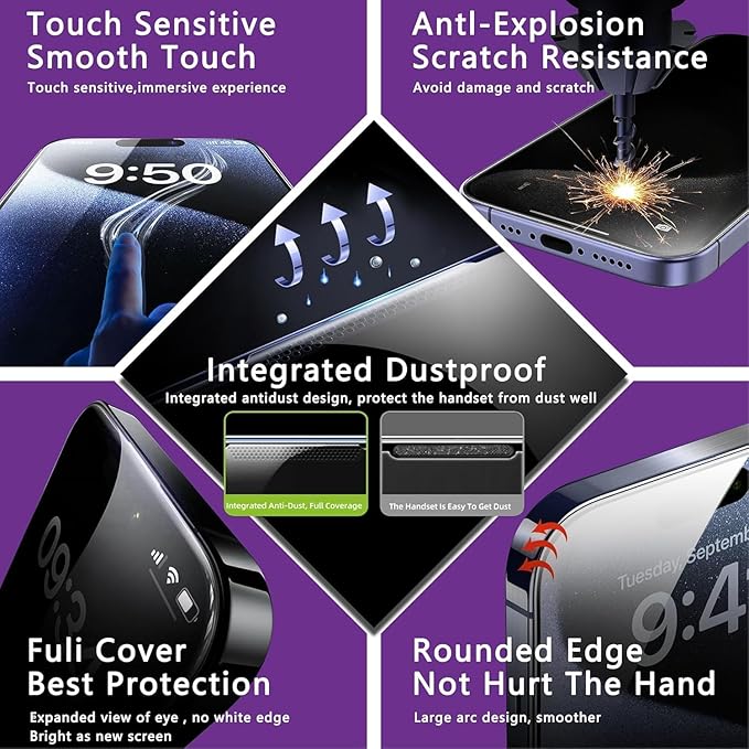 Matte Privacy Screen Protector for iPhone 17 Pro Max 6.9-Inch, Auto Dust Removal, 9H Anti-Spy Tempered Glass Film, Full Cover, Anti-Fingerprint, Easy Installation, 2 Pack