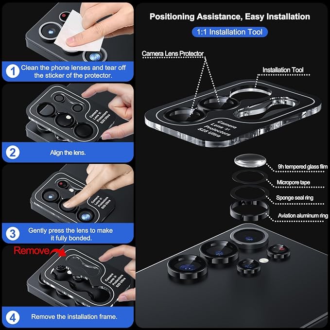 WSKEN for Samsung Galaxy S25 Ultra Camera Lens Protector - Ultra Thin Case Friendly, 9H Shatterproof Tempered Glass with Aluminum Metal Circle Camera Screen Protector Cover Accessories, Black