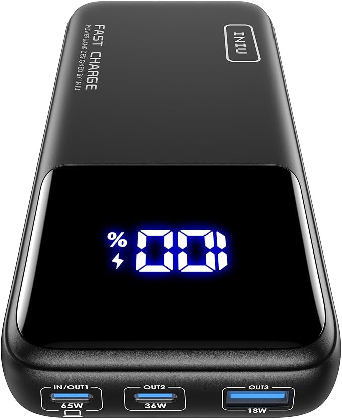 INIU Power Bank, 20000mAh 65W Compact USB C Laptop Portable Charger, PD QC Fast Charging 3-Output Battery Pack, Travel Charger for Laptop MacBook iPad Tablet Steam Deck iPhone 16 15 Samsung S22