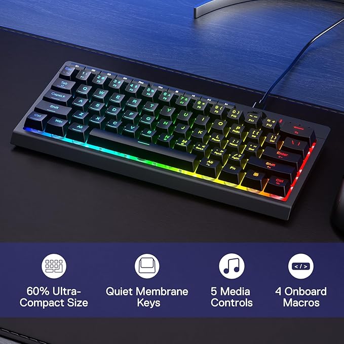 Redragon K522 60% Wired RGB Membrane Gaming Keyboard, Compact 61 Keys Linear Mechanical-Feel Switch Keyboard w/ 4 Extra On-Board Macro Keys & Media Control Keys