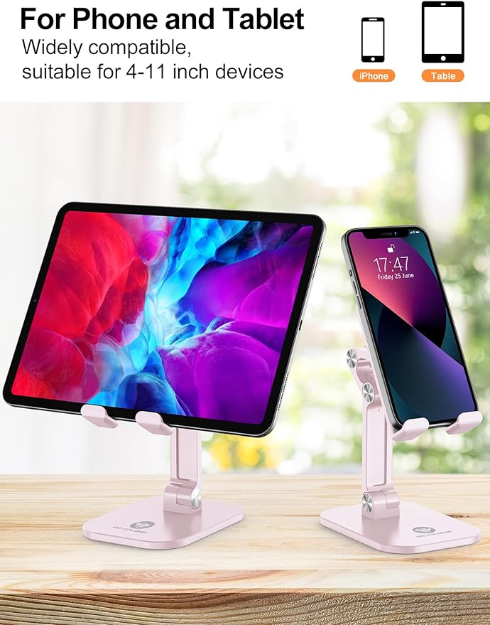 OCYCLONE Phone Stand, Adjustable Height and Angle Foldable Cell Phone Stand Holder for Desk, Taller iPhone Stand Compatible with 4.7"-13" Smartphones iPad Tablet, Pink