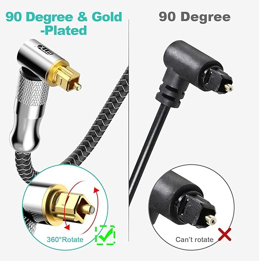 EMK Premium 24K Gold-Plated Right Angle Optical Cable – 90° Toslink to Toslink (6M/20Ft), 360° Rotatable for Soundbars, TVs & Home Theater
