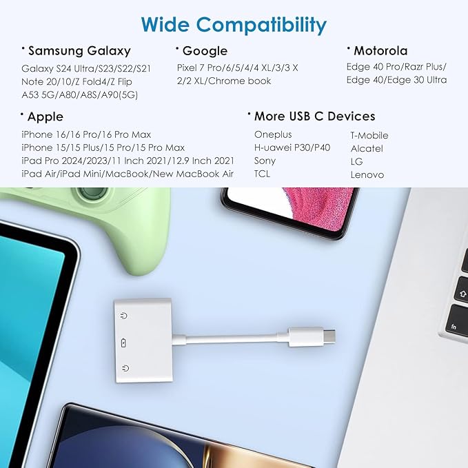USB-C to Dual 3.5mm Headphone Jack Adapter USB C to 3.5mm Audio Adapter 3 in 1 Aux to USB C Headphone Splitter and Fast Charge Adapter for iPhone 16 15/iPad Pro/Galaxy 24 23 22/Pixel 9 8 7 and more