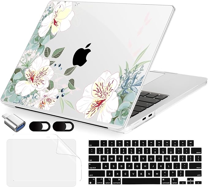 Compatible with MacBook Air 15 inch Case, M4 A3241/M3 A3114/M2 A2941 (Released 2025 to 2023), Hard Shell, Keyboard Cover, Screen Protector, Webcam Cover & Type-C Adapter, White Alstroemeria