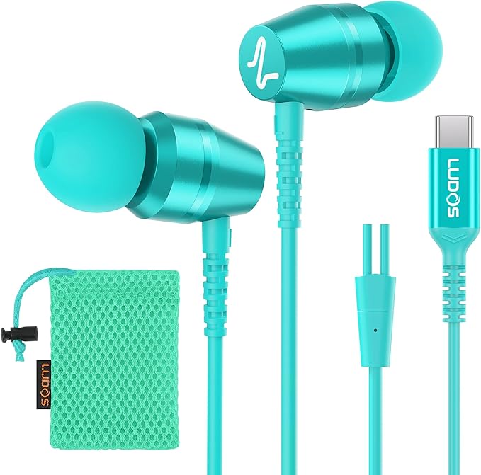 LUDOS OMNITONE USB C Headphones for iPhone 16 15 Pro Max Plus iPad Pro, 5 Years Warranty, USB-C Earbuds for Samsung Galaxy S24 S23 S22 S21 S20 A55 A54 A53, USB Type C Earphones - Turquoise
