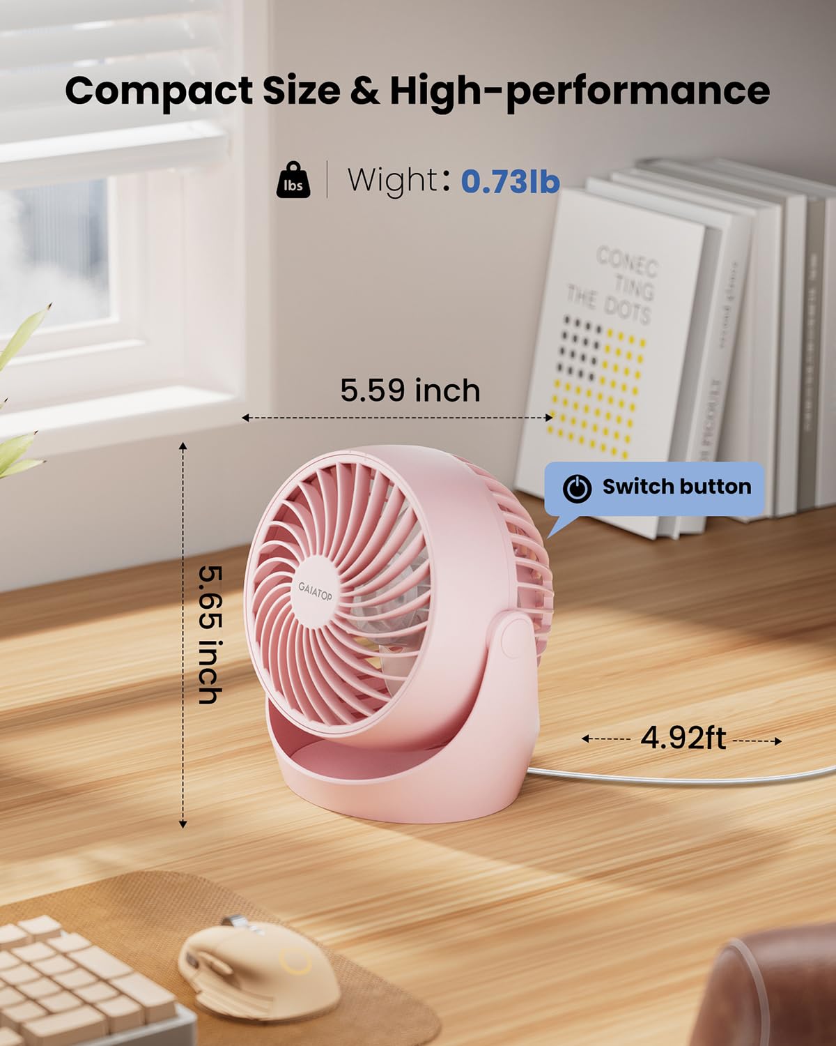 Gaiatop Desk Fan, 5-Inch Portable Electric Table Desktop Air Circulator Fans, Small but Powerful with 3 Speed 360° Adjustable Tilt for Cooling Home Dorm Office Bedroom Bathroom Kitchen, Pink