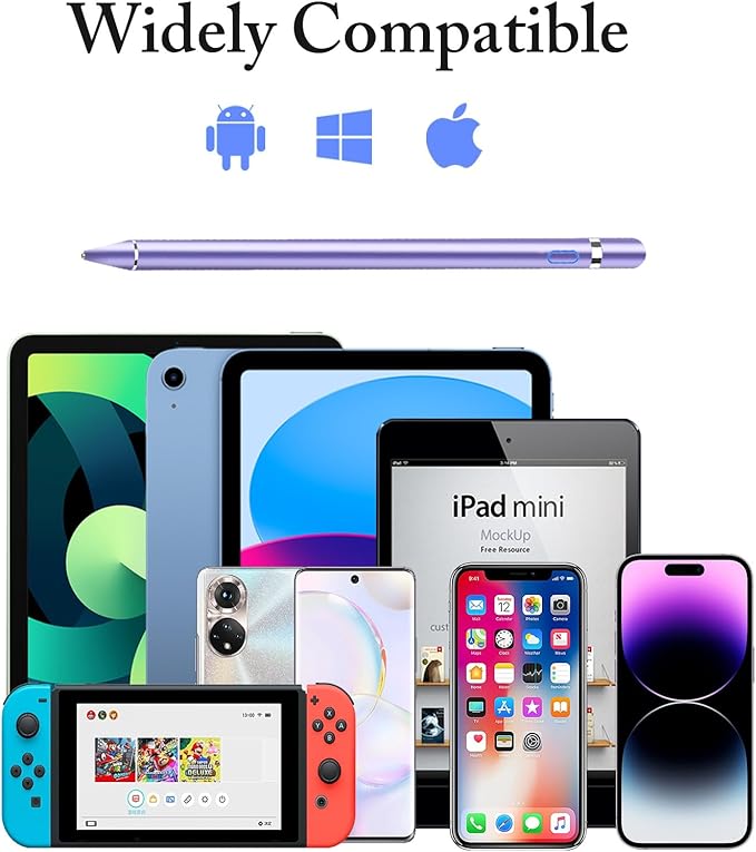 DOGAIN Active Stylus Pen for Touchscreen, iPad Pencil 1.5mm Fine Point Pen, Digital Pens Rechargeable for Tablet, Stylus Pens Compatible with iPad Air/Mini/Pro/Android/iPhone and Most Device - Purple