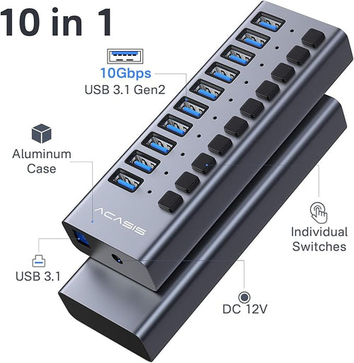 ACASIS Powered 10 Ports USB 3.2 Hub, 10Gbps Data Transfer, 48W Adapter