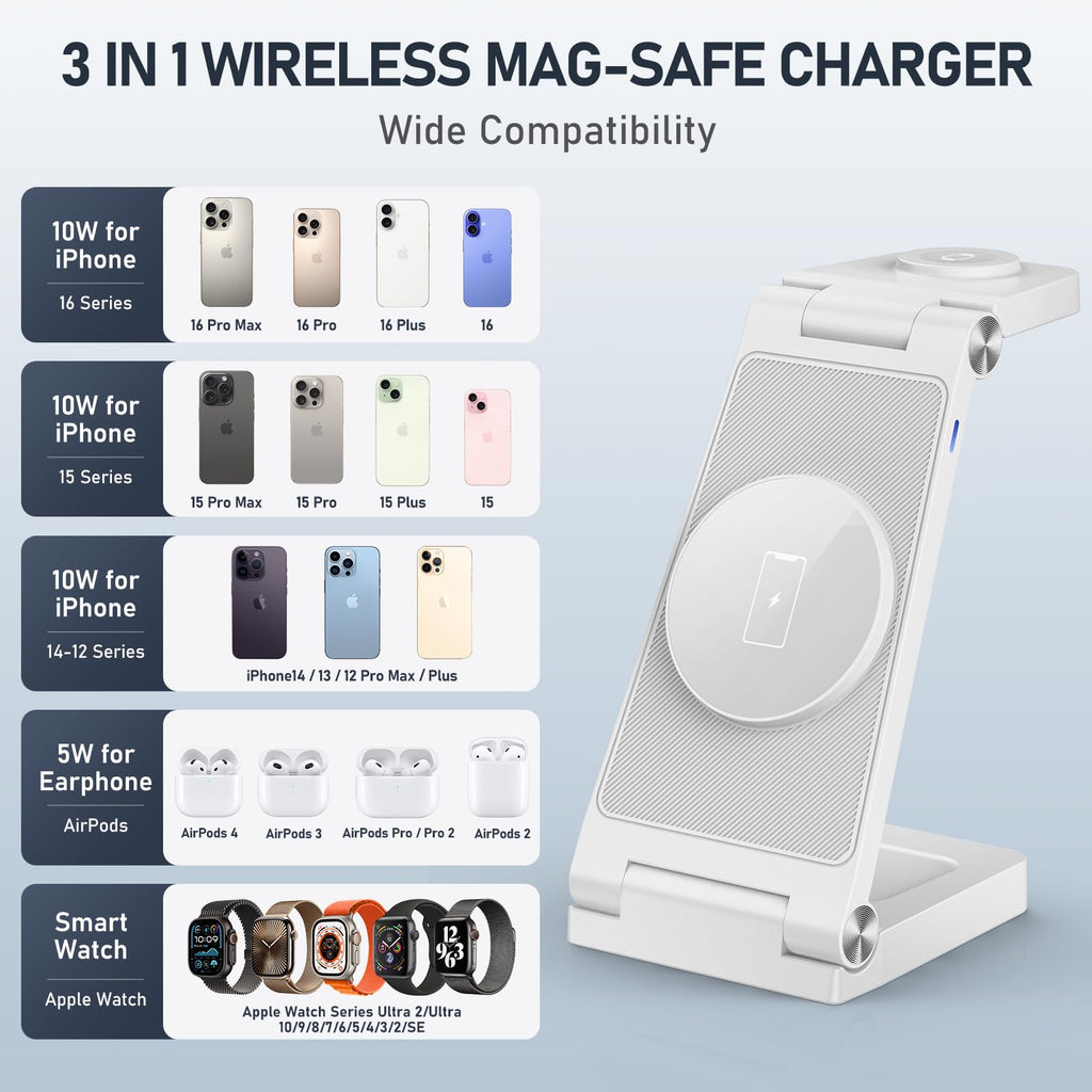 Magnetic Wireless Charger Stand, 3 in 1 Foldable Wireless Charging Station with 20W Adapter, Travel Charger for Multiple Devices for iPhone 16 15 14 13 12 Pro/Max/Plus/Mini, iWatch, AirPods