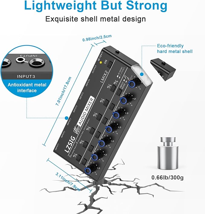 LZSIG Mini Audio Mixer,Stereo Line Mixer for Sub-Mixing,Ultra Low-Noise,6-Channel,Microphone Independent Control, 1/4" & 1/8" TRS Output and Input, for Guitars,Bass,Keyboards