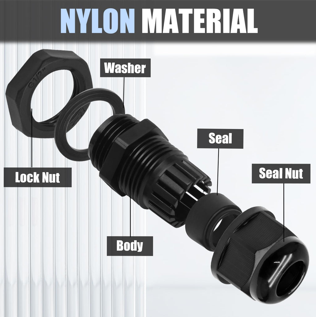 Kyuionty 12 Pcs 1/2" NPT Nylon Cable Glands, Black Cable Cord Connector