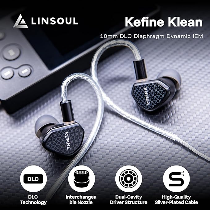 Linsoul Kefine Klean in Ear Monitor,10mm DLC Diaphragm Dynamic Driver HiFi Earphones,Wired Gaming Earbuds,Replaceable Nozzles,Detachable Silver-Plated Cable for Audiophile (with Mic Type-C, Black)