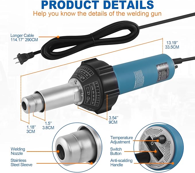 Iglobalbuy 1600W Hot Air Plastic Welder Roofing Welding Complete Kit, 110V Handheld Hot Air Vinyl PVC TPO Welding Heating Gun Torch w/Nozzles Set Adjustable Temperature Welder Tool Kit Carrying Case