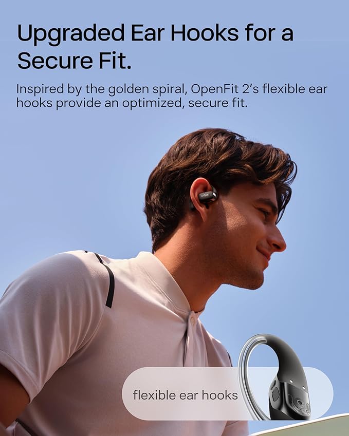 SHOKZ New OpenFit 2 Open-Ear Headphones, True Wireless Bluetooth Earphones with Microphone, Earhook Earbuds with 48 Hours of Playtime, Fast Charging, IP55 Water-Resistant, with Carrying Bag, Black