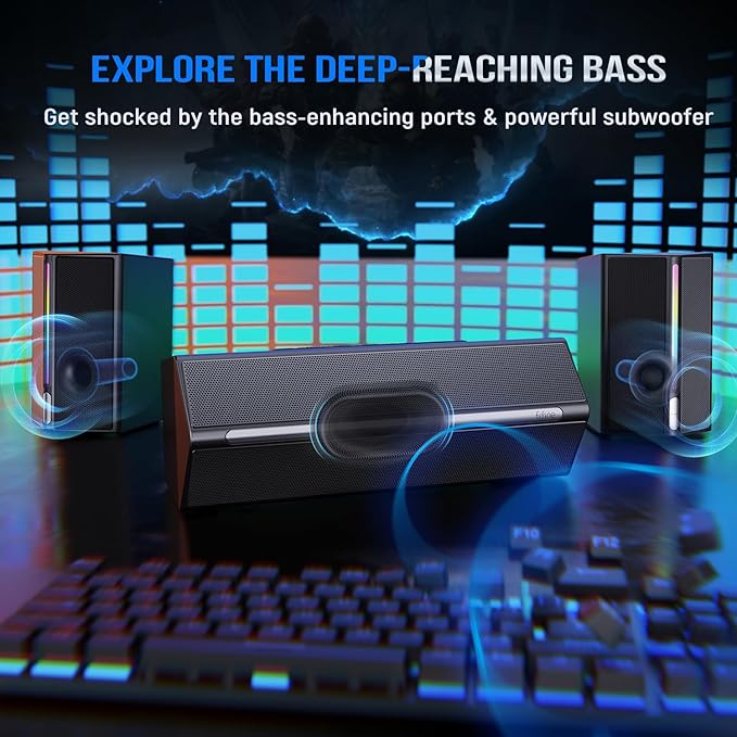 FIFINE Computer Speakers System with Subwoofer, Gaming Speaker for PC with RGB, Volume Control, Monitoring, 3.5mm Aux Input, AC Powered Speakers for Desktop Mobile TV-AmpliGame A22