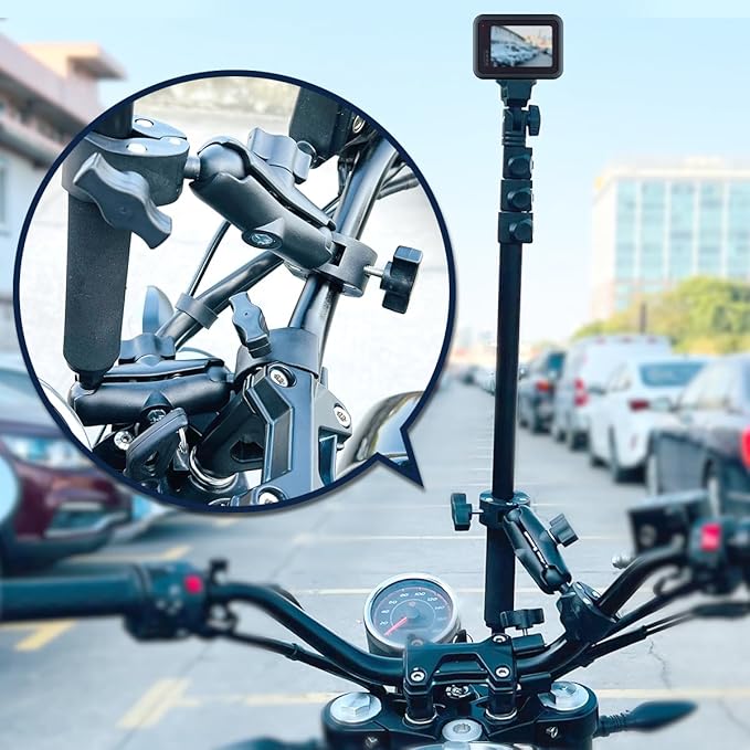 Motorcycle Bike Handlebar Double clamp Mount Invisible Selfie Stick Super Camera Clamp 360°Rotating Extendable Ballhead Magic Arm 60'' for Insta360 ONE X3 X2 X RS R Go 2 3 Action Camera, Black