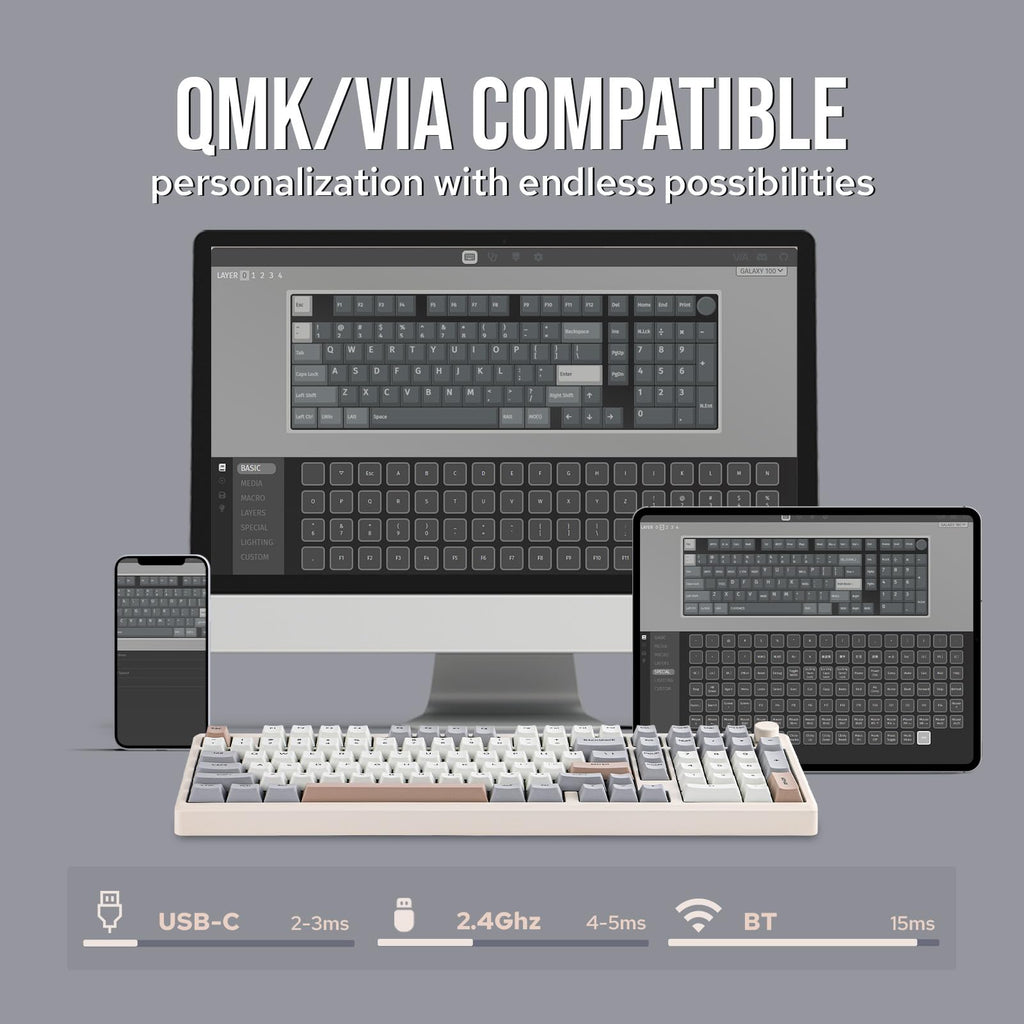 EPOMAKER Galaxy100 QMK/VIA Wireless Gaming Keyboard, Aluminum Shell, BT/2.4Ghz/USB-C, Pre-Lubed Hot-Swappable Linear Switches, NKRO, RGB Backlit (Creamy White, Marble White Switch)