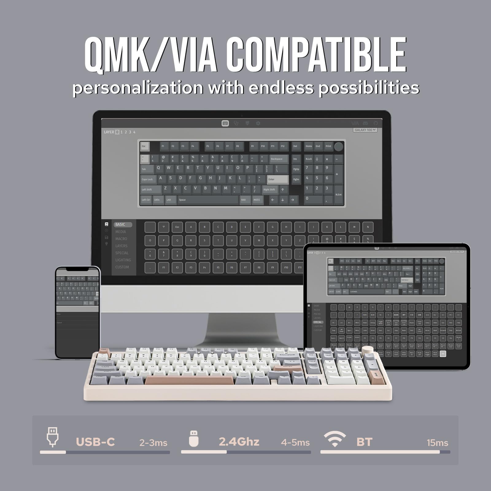 EPOMAKER Galaxy100 QMK/VIA Wireless Gaming Keyboard, Aluminum Shell, BT/2.4Ghz/USB-C, Pre-Lubed Hot-Swappable Linear Switches, NKRO, RGB Backlit (Creamy White, Marble White Switch)