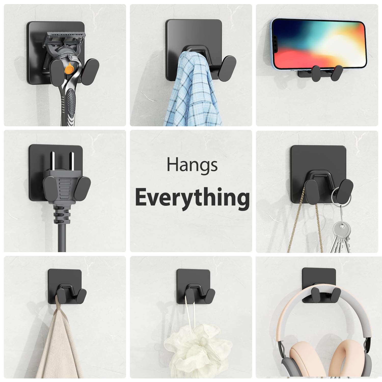 Adhesive Shower Hooks for Inside - Extra Sticky Stainless, Razor Holder Shower Accessories, Wall Mounted Self-Adhesive Double Hooks for Razor, Loofah, Towel, Shaver, Coat, Key, Matt Black, 4-Pack