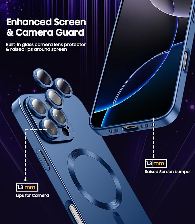 Magnetic for iPhone 16 Pro Case [Compatible with MagSafe][Built-in Camera Lens Protector] Slim Soft Silicone Bumper Shockproof Metallic Luster Phone Case (Blue)