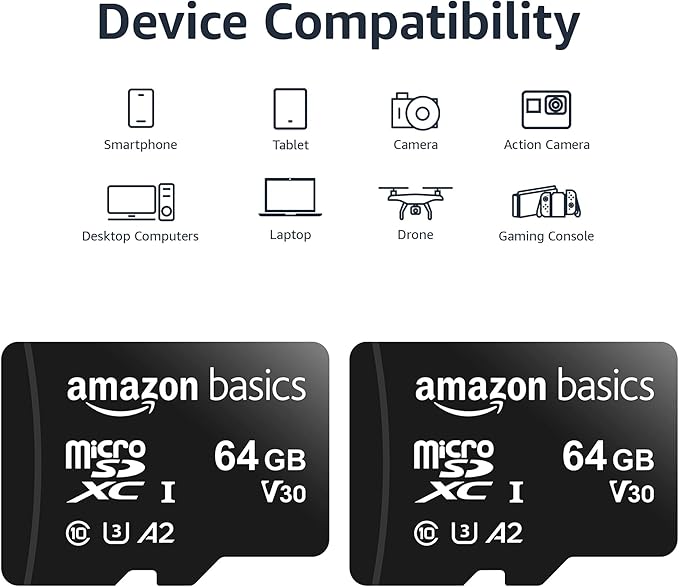 Amazon Basics MicroSDXC UHS-I Class 10 Memory Card with Full Size Adapter, A2, U3, V30, 4K, Read Speed up to 100 MB/s, 64 GB (2pack), for GoPro Cameras Storage, Black