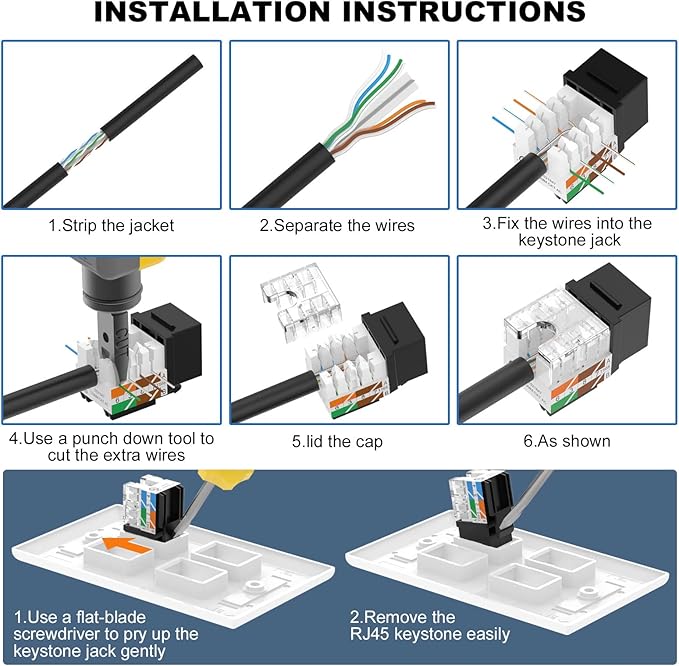 VCE UL Listed Cat6 RJ45 Keystone Jack Insert 25-Pack, 90 Degree Punch Down Keystone Jack Adapter Slim Profile Black