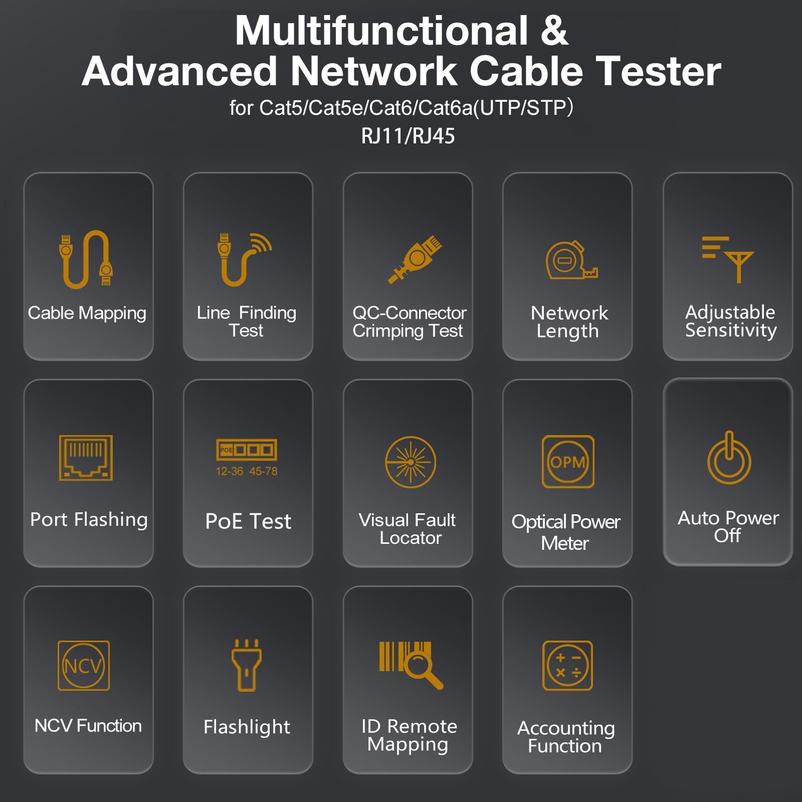 FIXCHIGO 10 in 1 Network Cable Tester with 7 Wavelengths OPM 10Km/10mW VFL 600M Measurable Length 100 Records Tool Kit for CAT5 CAT6 Telephone Ethernet RJ11 RJ45 PoE Wire Tracer NCV, Red