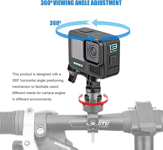 Bike Handlebar Mount for GoPro, 360 Degree Aluminium Alloy Motorbikes Round Tube Mount for Hero 13/12/11/10/9/8 and Other Action Cameras