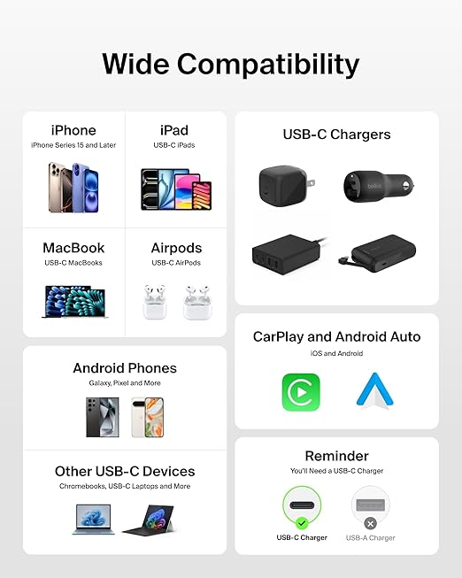 Belkin USB C to USB C Cable, 3.3ft, 60W - Type C Charger, iPhone Charger Cord, Soft, Braided, Flexible for iPhone 16, Galaxy S25, Pixel 9, Airpods, iPad Pro, Tablet & More, Travel Essentials - White
