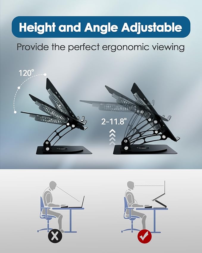 SHUWEI Laptop Cooling Stand with 3 Speed Fan, Adjustable Height & Angle, 360 Rotation Base, Carbon Steel Framework, Ultra-Quiet & Super Sturdy for up to 16”Laptop - Black