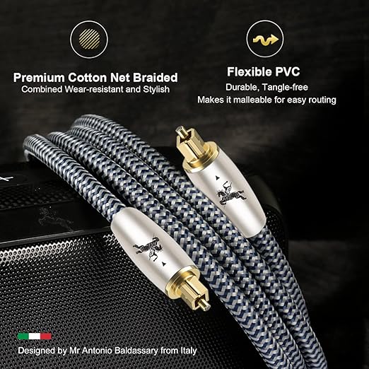 Digital Fiber Optic Audio Cable for Sound Bar Toslink Cord Male to Male 24K Gold Plated Connector Optical Audio Cable 6ft 10ft S/PDIF Glass Core, 4.9feet/1.5M IMP-2201