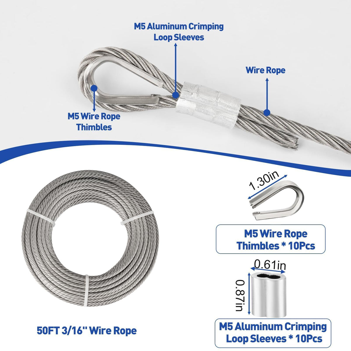 TooTaci 3/16" Stainless Steel Cable, 100ft Wire Rope with Aluminum Crimping Sleeve&Thimbles, 7x19 Strands, 3700lbs Breaking Strength Heavy Duty Aircraft Cable for Zipline, Deck Railing, Shade Sail