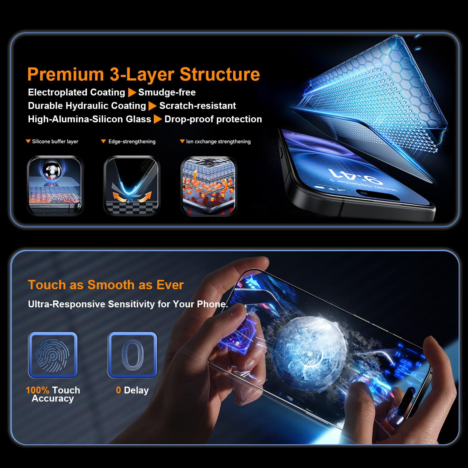 OneFish Screen Protector for iphone 15 Pro Max, 9H Hardness Glass Scratch Resistant,HD Clarity Tempered Glass Film with Installation Frame,Bubble Free, Easy Installation,2Pack.