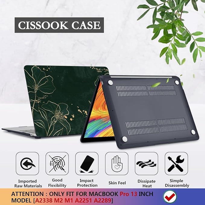CISSOOK Case for MacBook Pro 13 Inch M2 M1 Chip A2338 A2251 A2289 Model 2025-2020, Hard Shell Case+ Keyboard Cover+ Screen Protector for MacBook Pro 13 with Touch Bar, Elegant Gold Lotus