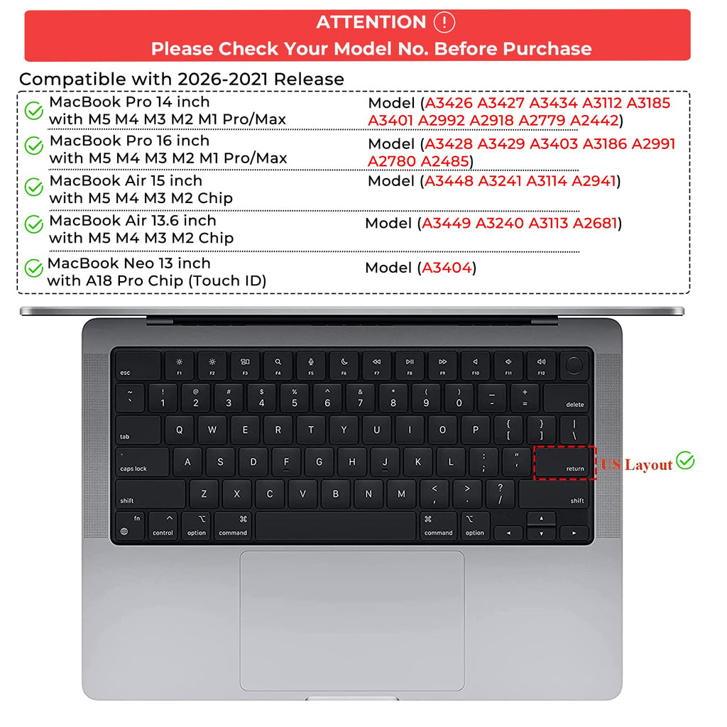 EooCoo Premium Keyboard Cover Skin Protector, Laptop Accessories Compatible with 2026 2025 2024 2023 2022 2021 M5-M1 Pro/Max MacBook Pro 14/16, M5-M2 MacBook Air 13/15, 2026 MacBook Neo 13, Clear