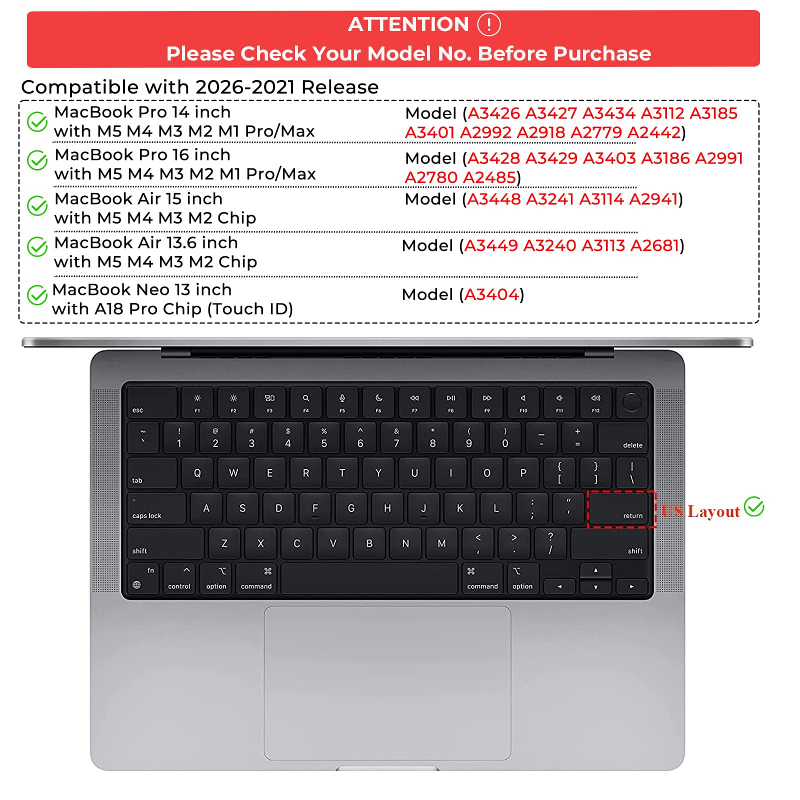 EooCoo Premium Keyboard Cover Skin Protector, Laptop Accessories Compatible with 2026 2025 2024 2023 2022 2021 M5-M1 Pro/Max MacBook Pro 14/16, M5-M2 MacBook Air 13/15, 2026 MacBook Neo 13, Clear