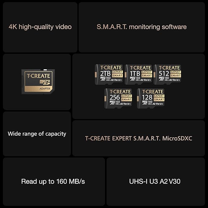 TEAMGROUP T-Create S.M.A.R.T A2 512GB Micro SDXC U3 V30 4K R/W Speed up to 160/150 MB/s High Speed Flash Memory Card for Creators, Compatible with GoPro, Insta360 TTCS512GIA2V3003