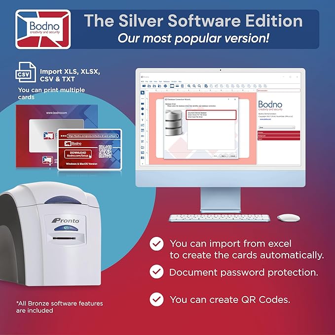 Bodno Magicard Pronto ID Card Printer & Complete Supplies Package ID Software - Silver Edition