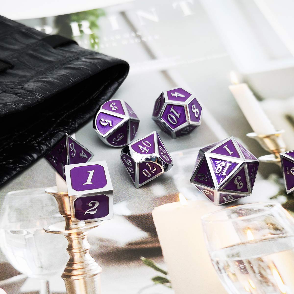Haxtec Metal DND Dice Set, 7 Pcs Royal Purple Polyhedral Dice for RPG