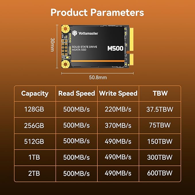 Yottamaster M500 1TB mSATA SSD SATA III 6Gb/s, mSATA Internal Solid State Drive Up to 500MB/s, Mini-SATA with 3D NAND, Compatible with Ultrabooks Desktop PC Laptop, All-in-One PCs, 30x50mm