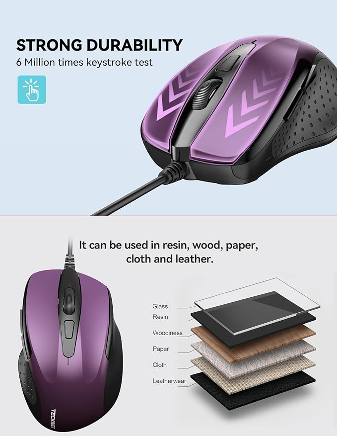 TECKNET USB Wired 6-Button Mouse With 4 Adjustable DPI, Optical Computer With Ergonomic Design and 5FT Cord for Laptop, Chromebook, PC, Desktop, Mac, Notebook - Purple