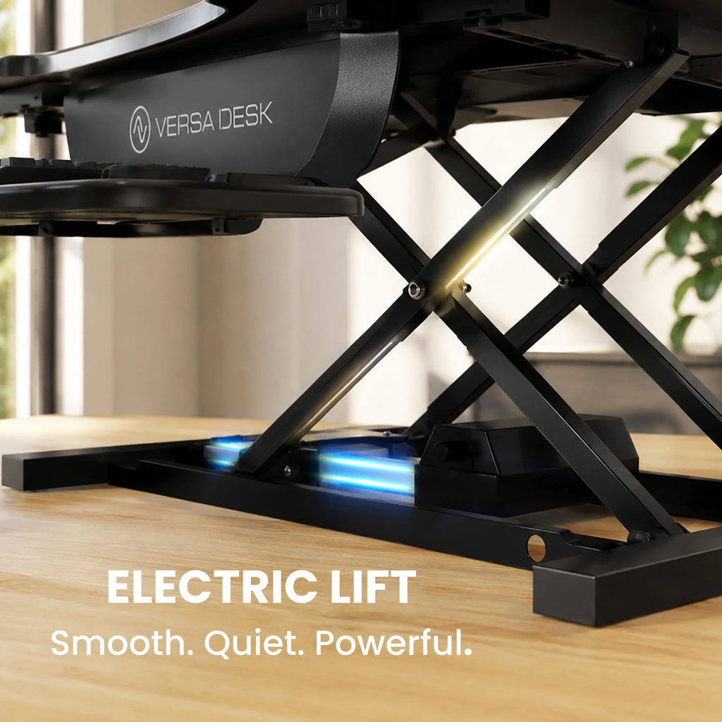 PowerPro 40 Inch Electric Standing Desk Converter – Push-Button Height Adjustable Sit to Stand Desk Riser for Triple Monitors & Laptop – Motorized Desktop Workstation with Wide Keyboard Tray