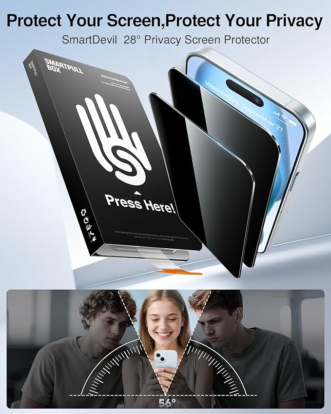 SMARTDEVIL 2 Pack for iPhone 15 Plus Privacy Screen Protector, Military Grade Shatterproof, 9H Hardness, Anti-Spy Tempered Glass, Fast & Easy Instlltion, Case Friendly