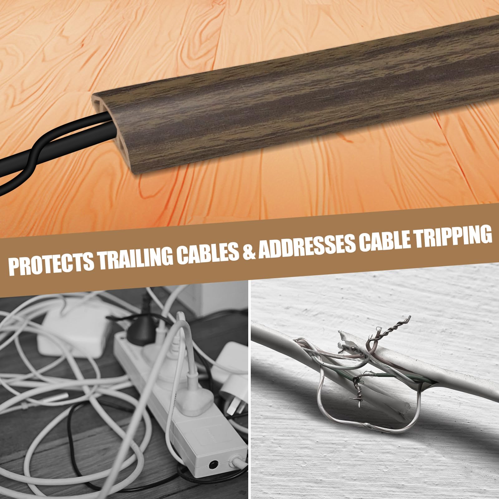 Floor Cord Cover Self Adhesive Cord Hider,3.3FT Cable Management, Extension Strip Protector for Wires, Prevent Cable Trips for Offices, Gyms, Exhibitions Cavity:0.3"(W) x 0.28"(H) Wood Walnut
