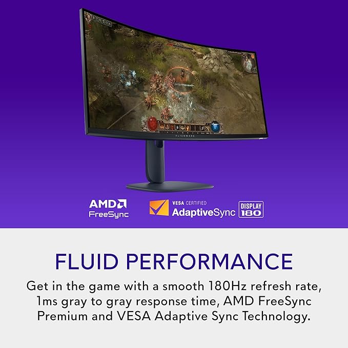 Alienware 34 Curved Gaming Monitor – AW3425DWM - 34-inch WQHD 180Hz 1ms Display, 1500R, AMD FreeSync Premium, VESA AdaptiveSync.