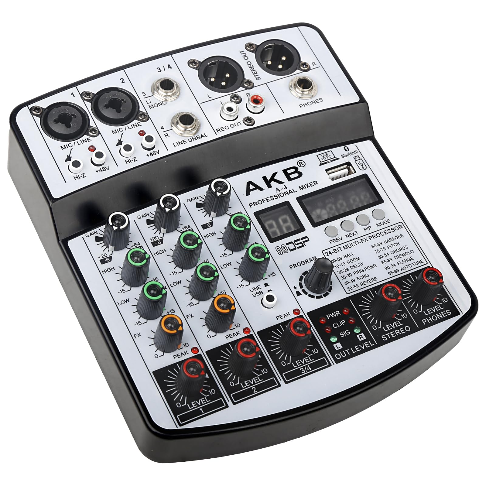 Dj Mixers 4 Channel Audio Mixer Sound Board with Bluetooth, Usb Audio Interface with 48V Phantom Power Sounds Mixer Board with 99 DSP FX Reverb Delay Effect