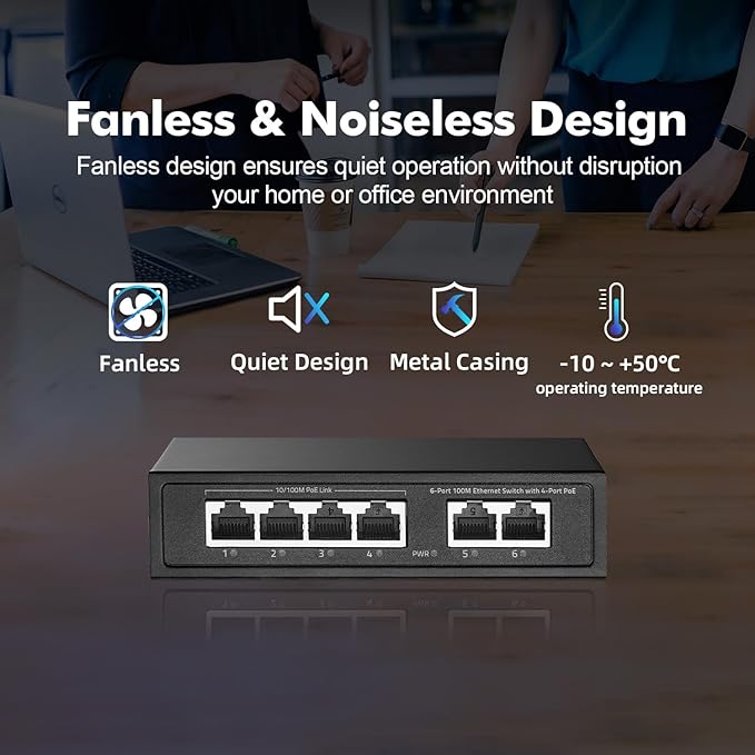 6 Port Mini PoE Switch with 4 PoE+, 2 Uplink, 10/100Mbps Ethernet, 65W 802.3af/at PoE, Fanless Metal Plug & Play PoE+ YuLinca Network Switch