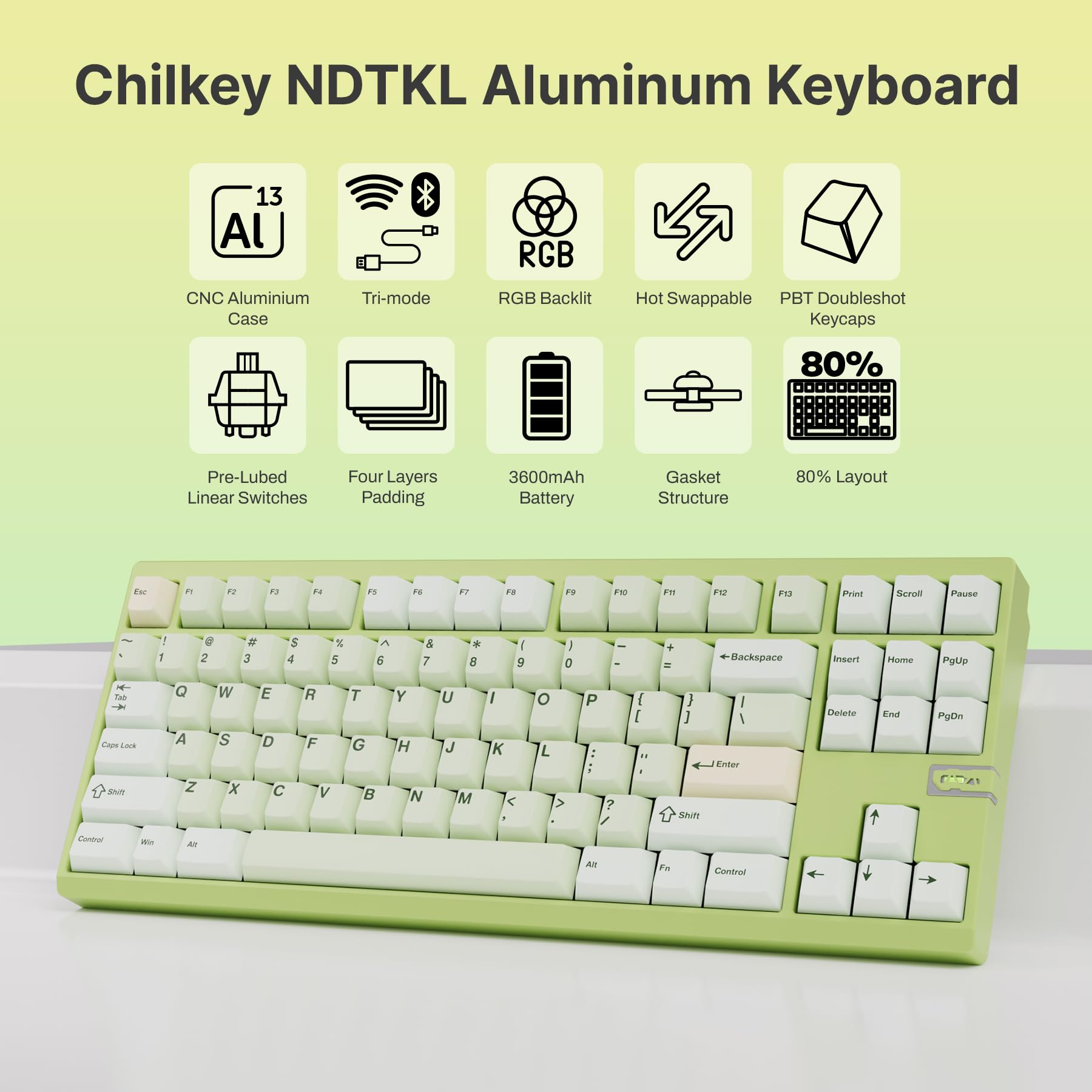 OOCTPK Chilkey ND TKL Aluminum Mechanical Keyboard, 87 Keys Tenkeyless Wireless Gaming Keyboard, Tri-Mode BT5.3/2.4GHz/USB-C PBT Keycaps Hot Swappable Custom Key Board for Windows Laptop Office PC