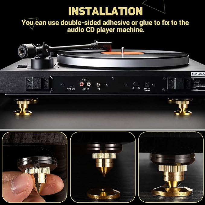 Facmogu 4PCS Golden Speaker Isolation Spikes with Plated Speaker Spikes Pads Mat, Speaker Spikes & Speaker Spike Pad Kit with Double-Sided Adhesive for Subwoofer CD DVD Player Audio Amplifier Recorder